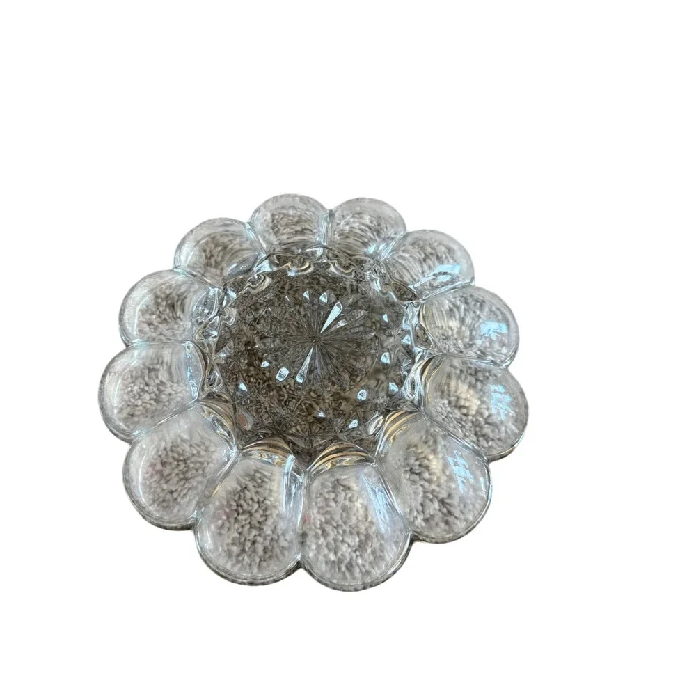 Vintage Clear Pressed Glass Deviled Egg Platter 12 Slot Round Starburst  9in
